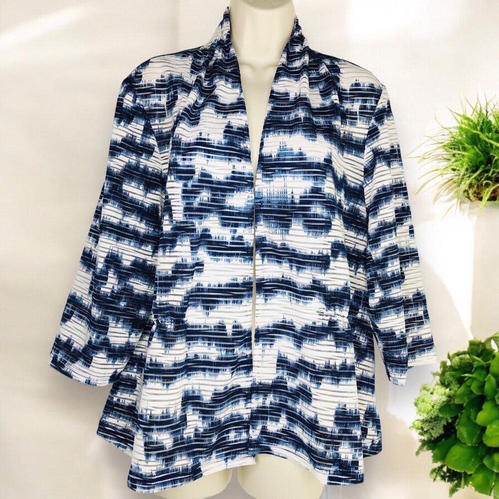 Madison Leigh Womens Cardigan 14W Blue White Abstract Stretch Open Front Artsy